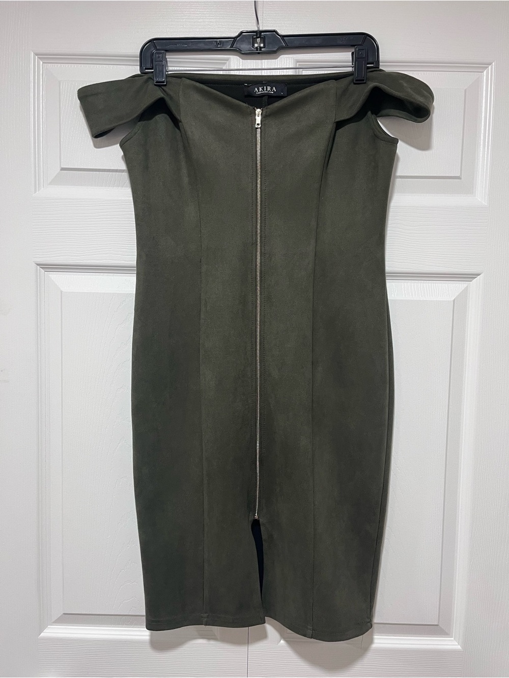 AKIRA Olive Off-Shoulder Front Zip Bodycon Dress